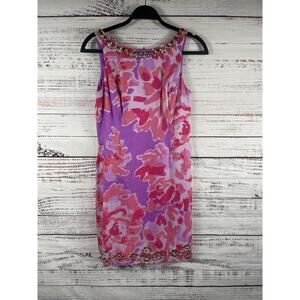 Lilly Pulitzer Dress Womens 6 Multicolor Floral Beaded Silk Sheath Knee Length